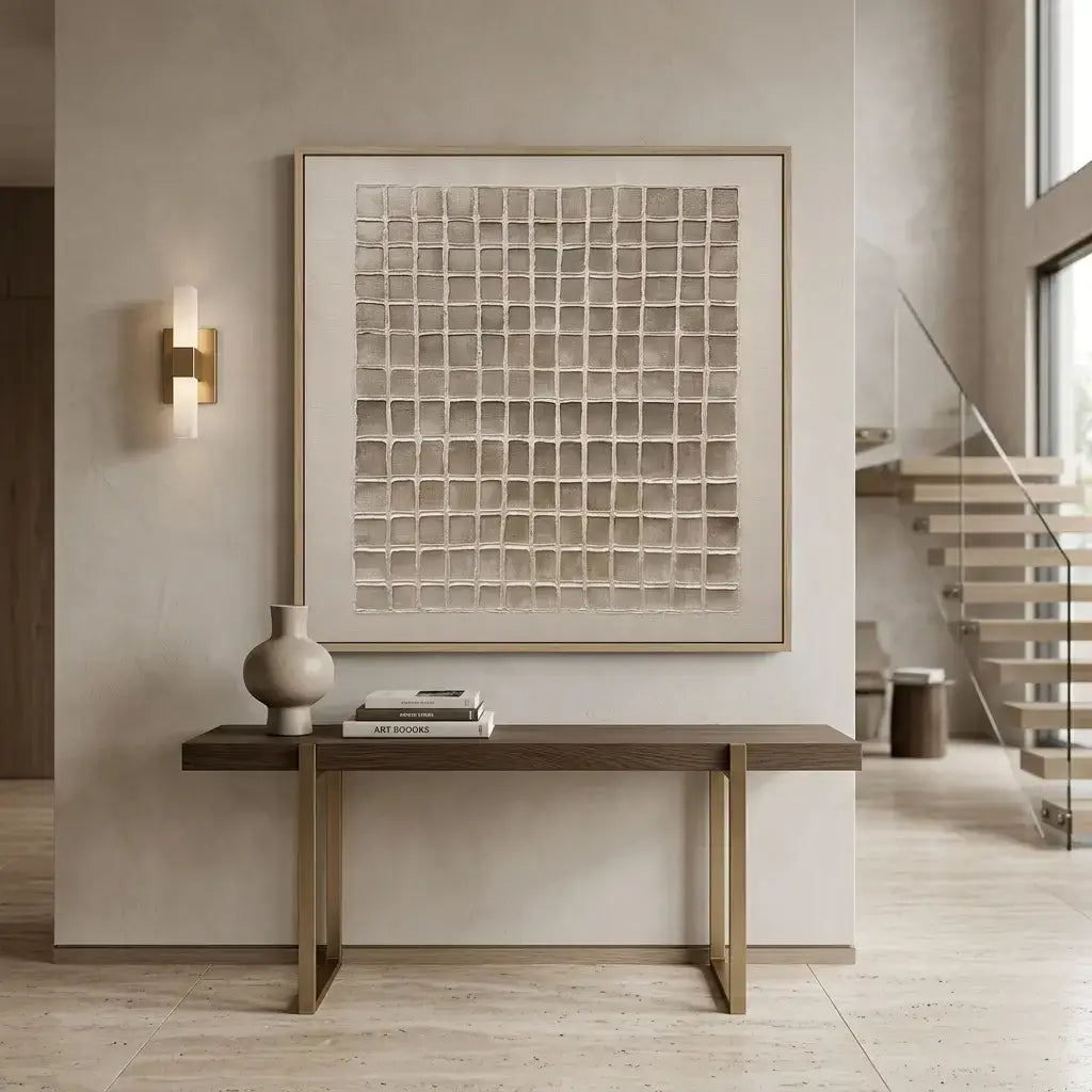 Modern interior with a wall-mounted light fixture, framed abstract art, and a console table.