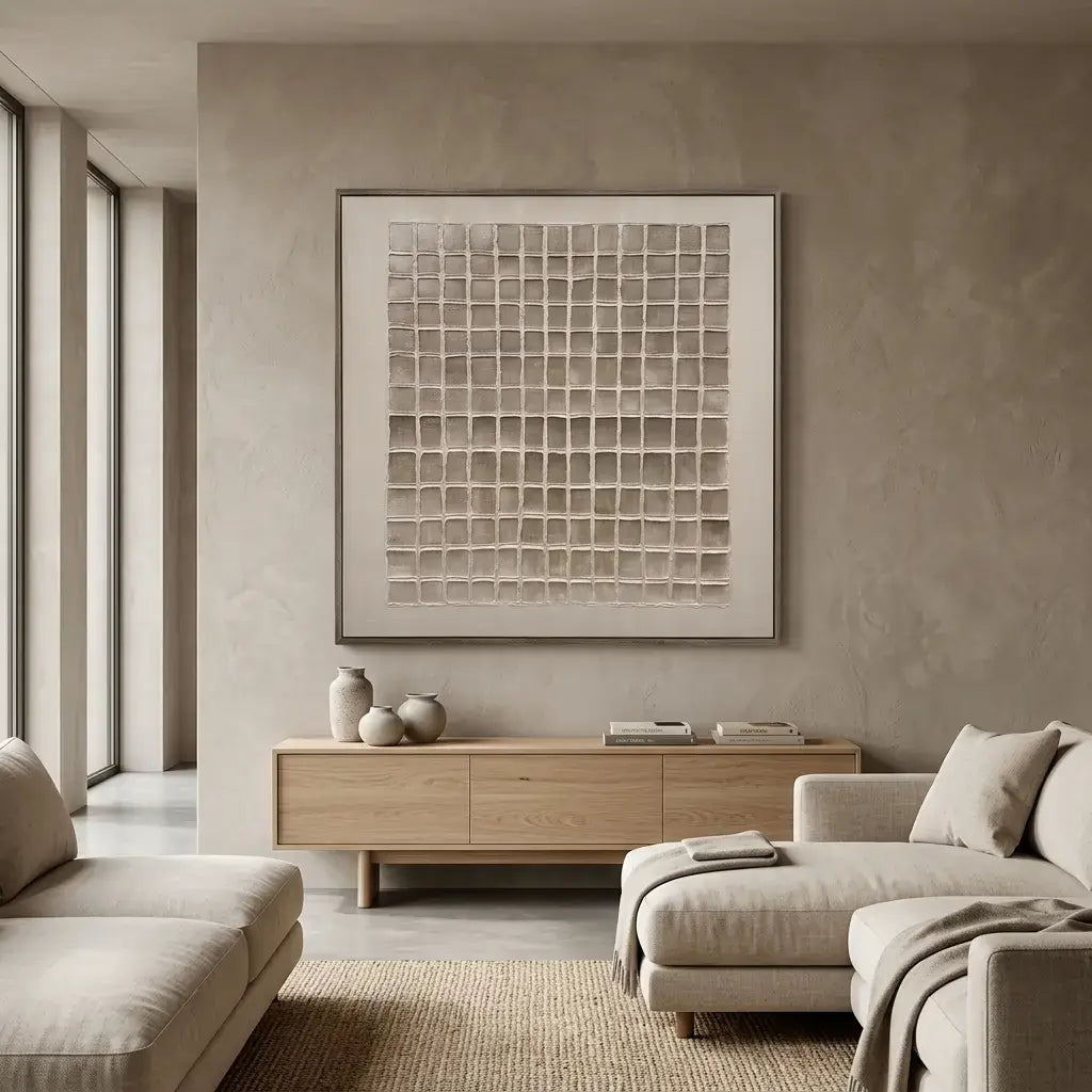 Modern living room with neutral tonal furniture and decorations