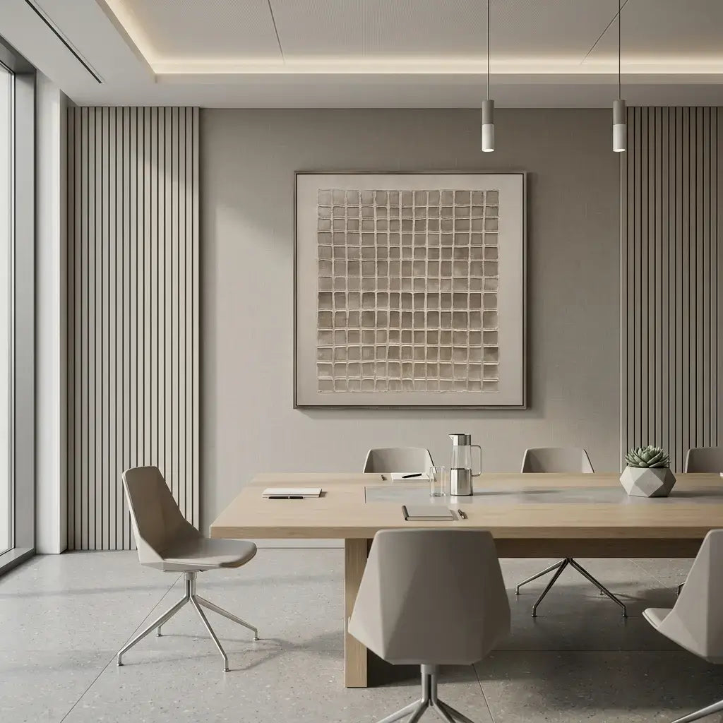 Modern conference room with a wooden table and chairs, featuring a large abstract painting on the wall.