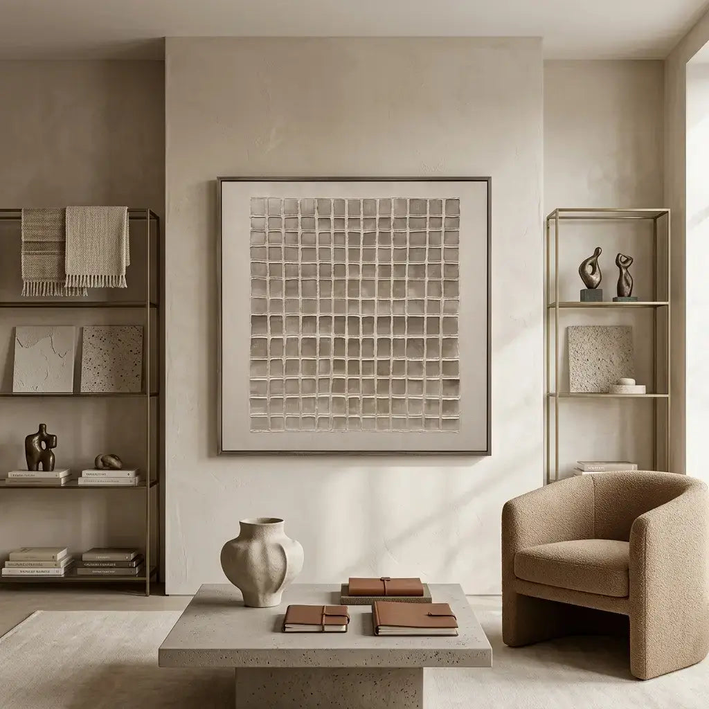 Modern interior with a beige armchair, table, and shelves with decor items.