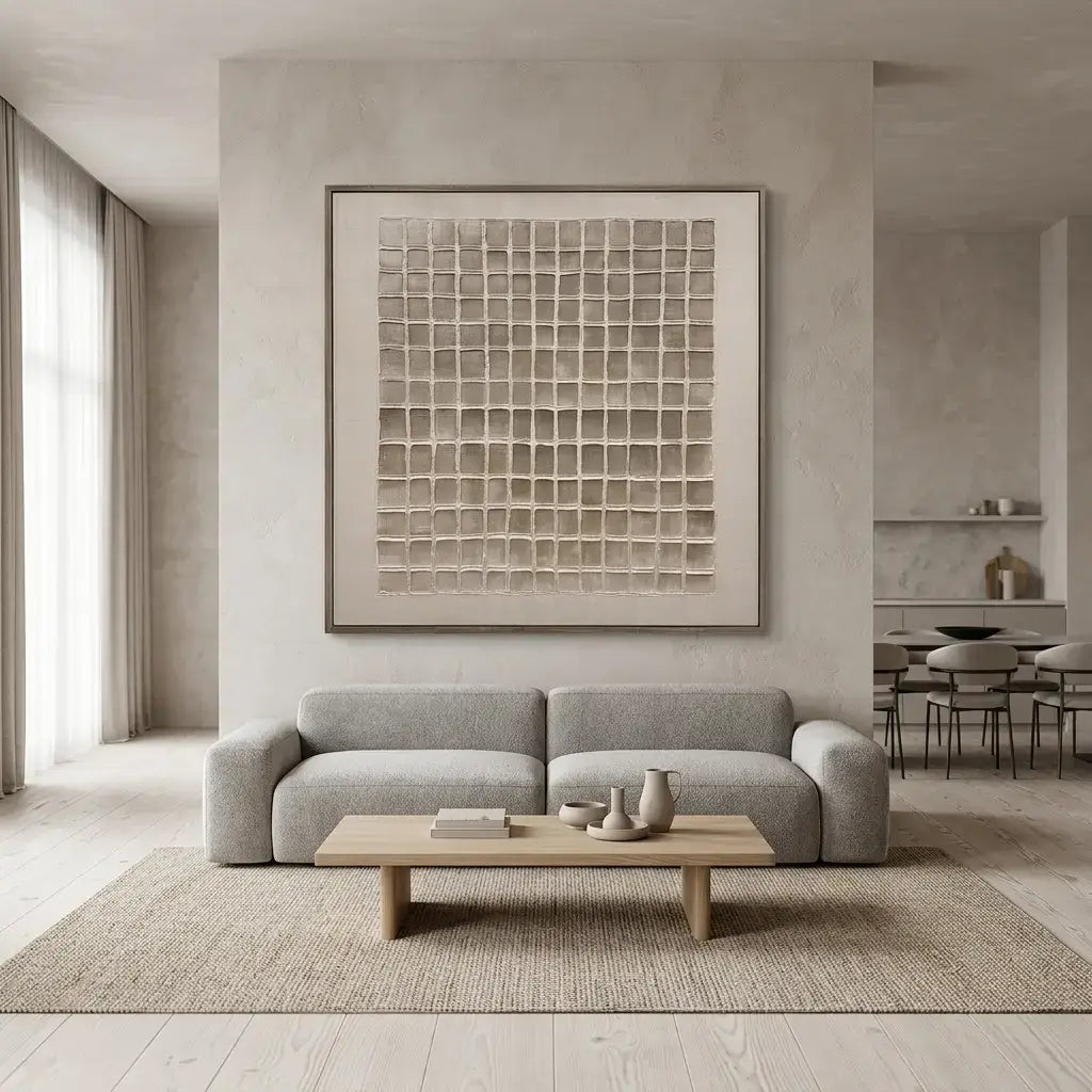 Modern living room with a gray sofa, wooden coffee table, and abstract wall art.