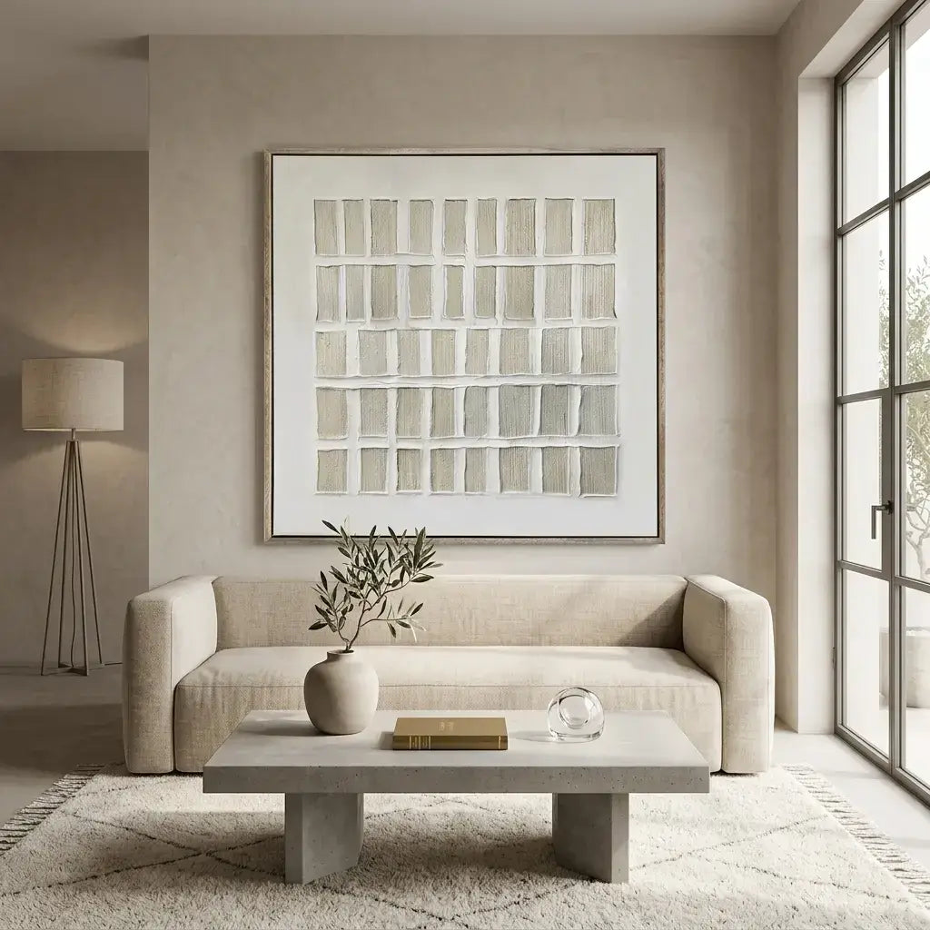 Modern living room with a beige sofa, coffee table, and abstract art on the wall.