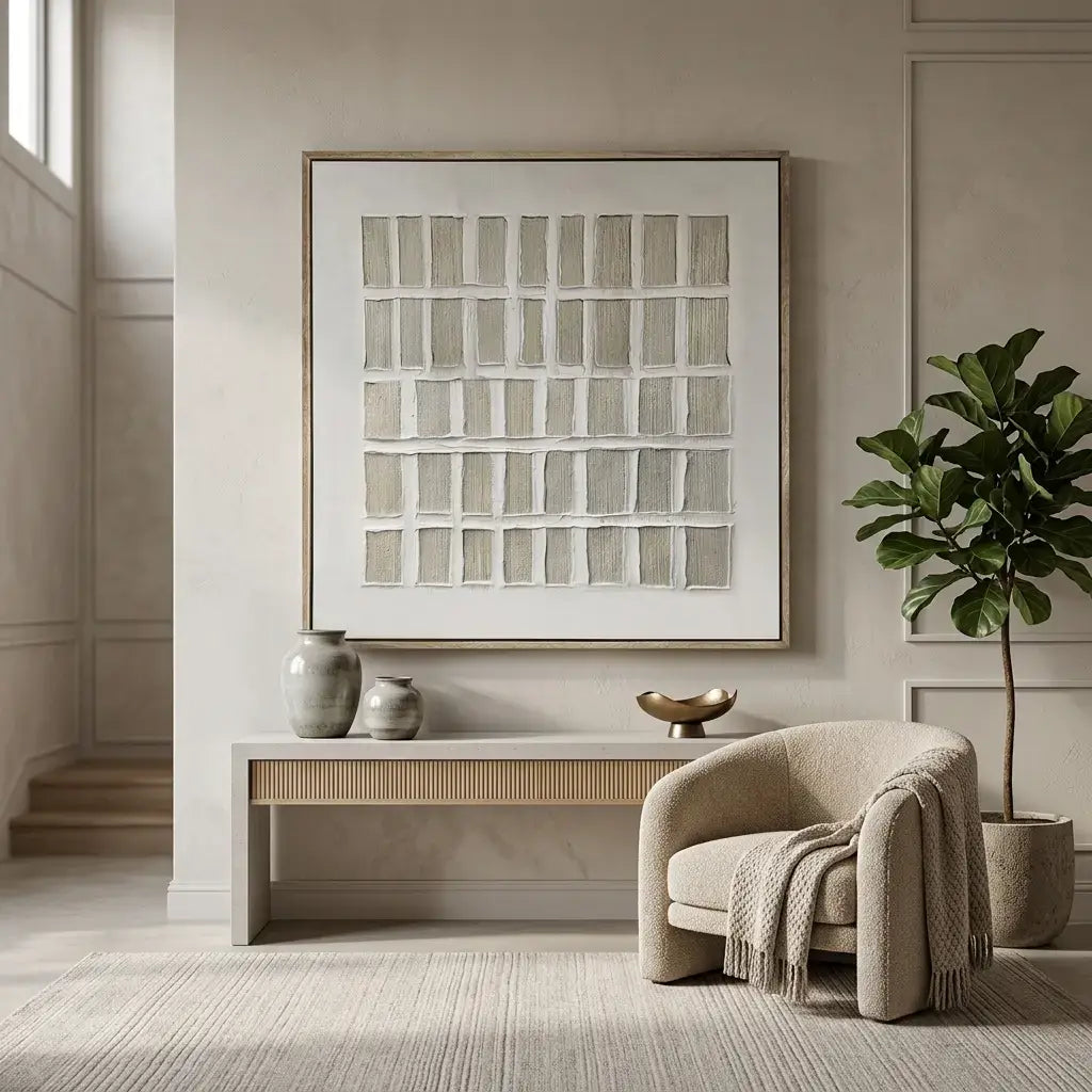 Modern interior with a beige armchair, coffee table, and abstract art on the wall.