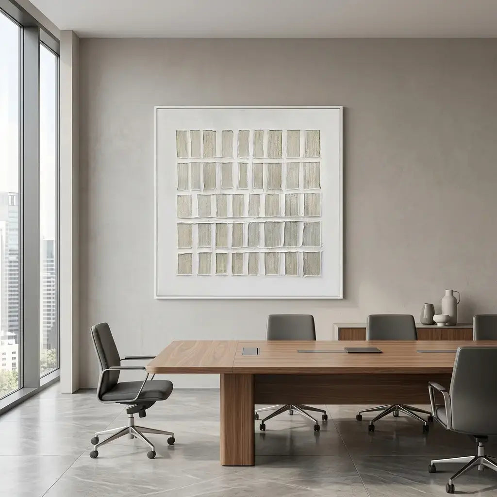 Modern office with a large wooden desk, chairs, and abstract art on the wall.
