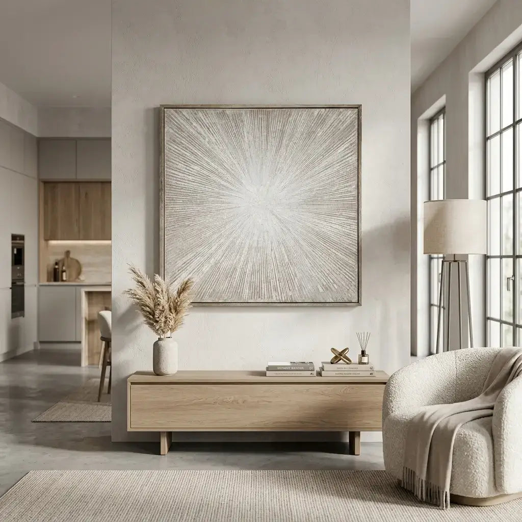 Modern living room with a large abstract painting on the wall, wooden coffee table, and armchair.