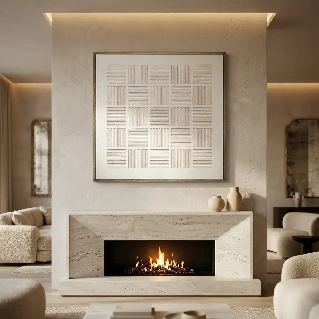 Modern living room with a fireplace and decorative wall art