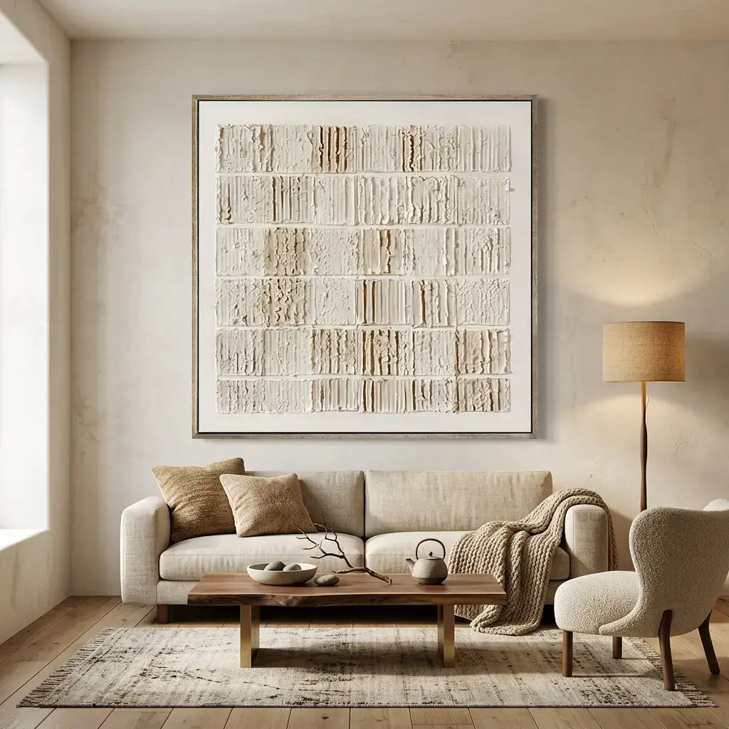 Living room with a beige sofa, coffee table, and abstract art on the wall.