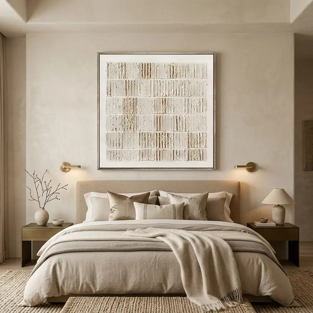 Neatly made bed with beige bedding in a bedroom setting, featuring wall art and side tables.