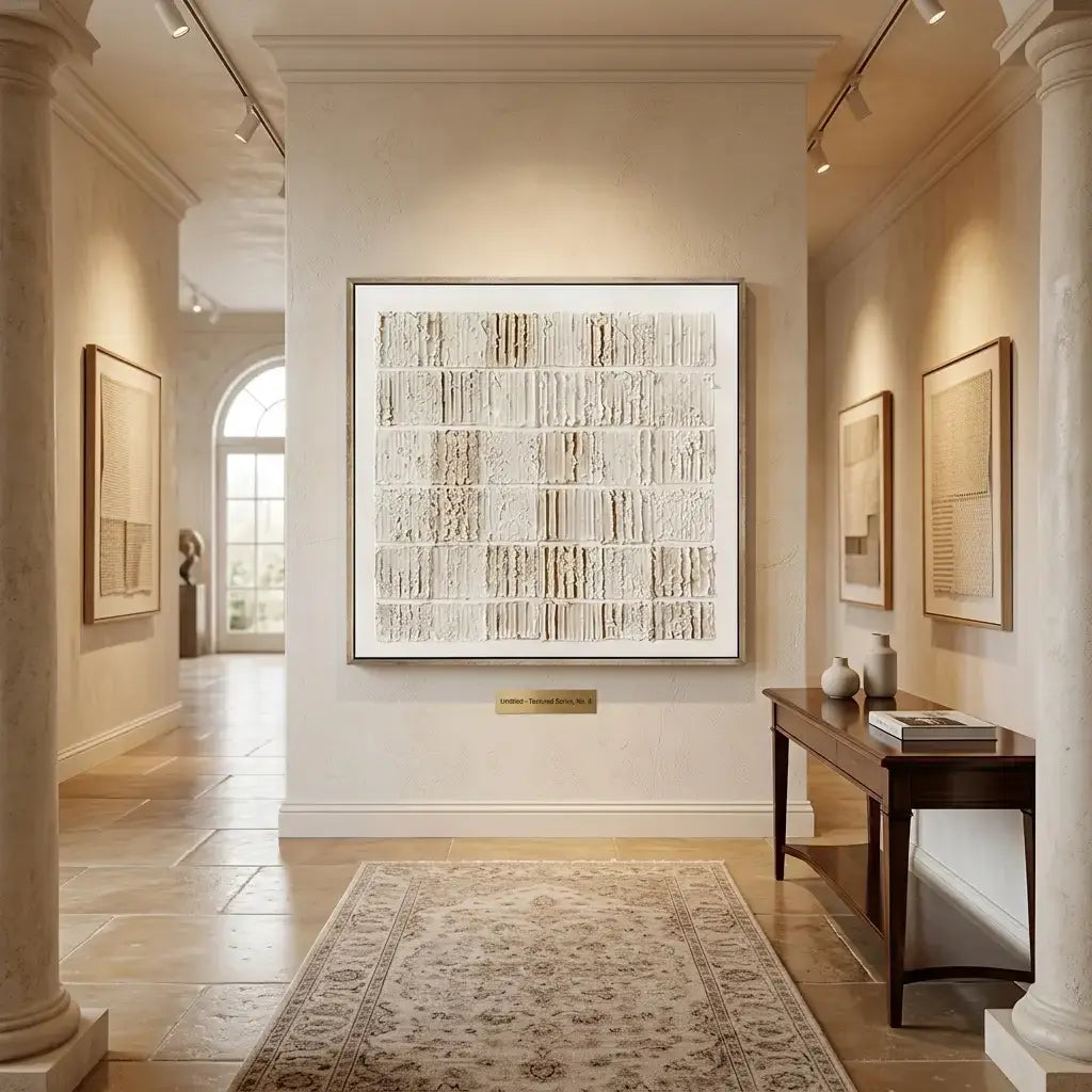 Elegant interior hallway with abstract art on the wall and a console table.