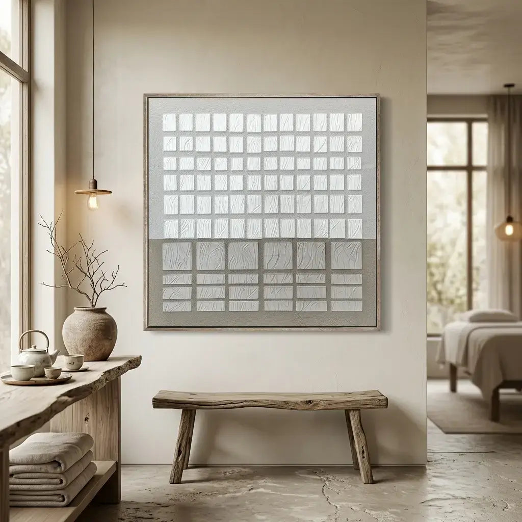 Modern interior with abstract framed artwork, wooden bench, and decor items.