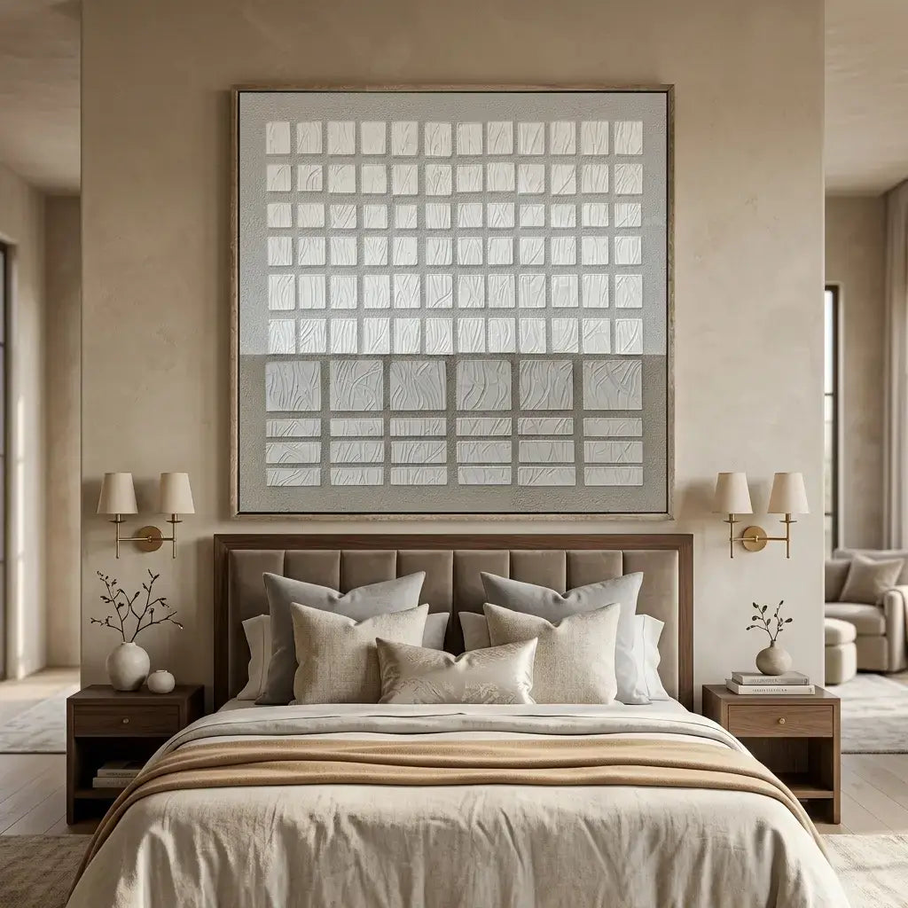 Neatly made bed with decorative pillows in a bedroom setting.