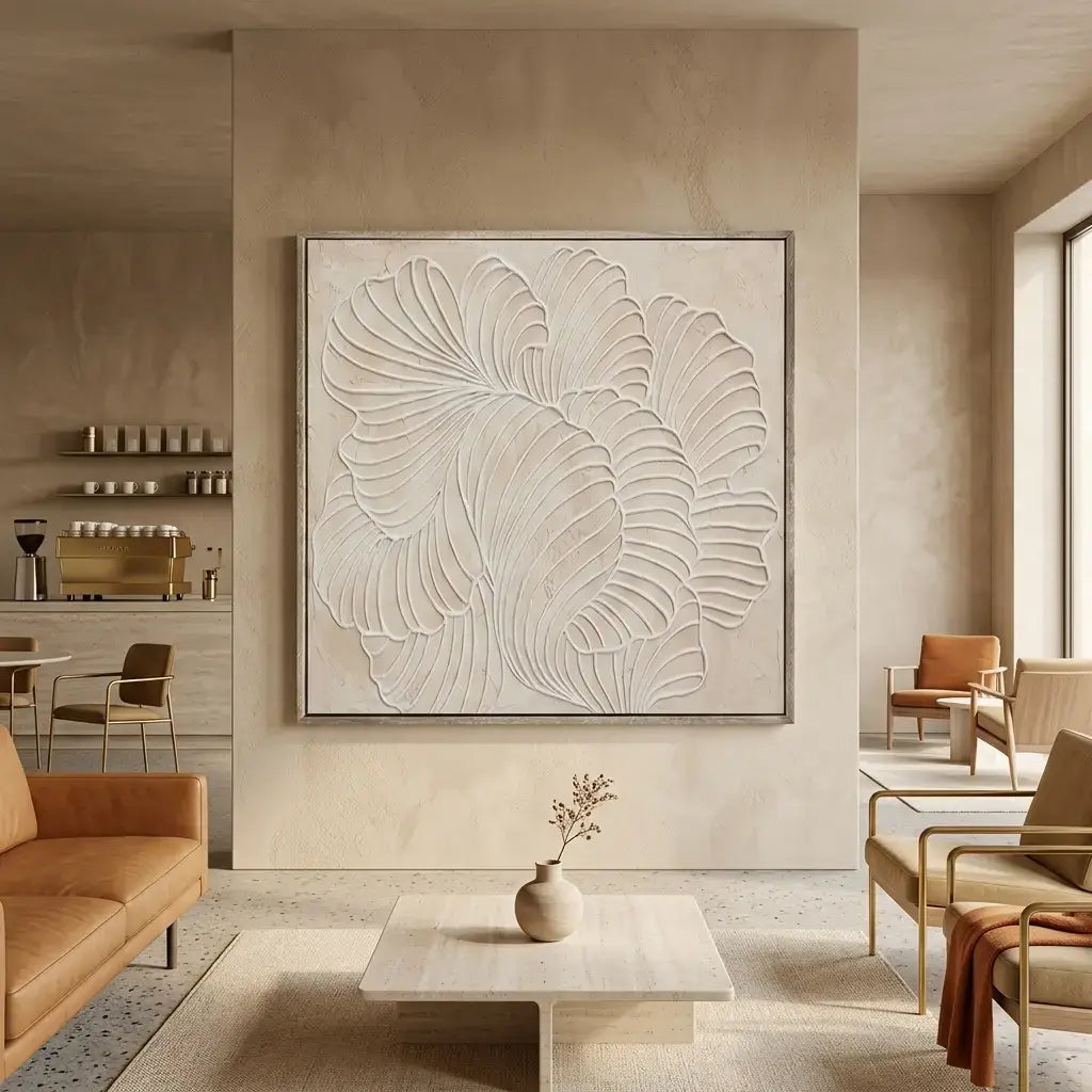 Modern living room with a large abstract wall art piece.