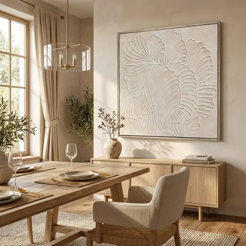 Dining room with wooden table, chairs, and decorative wall art.
