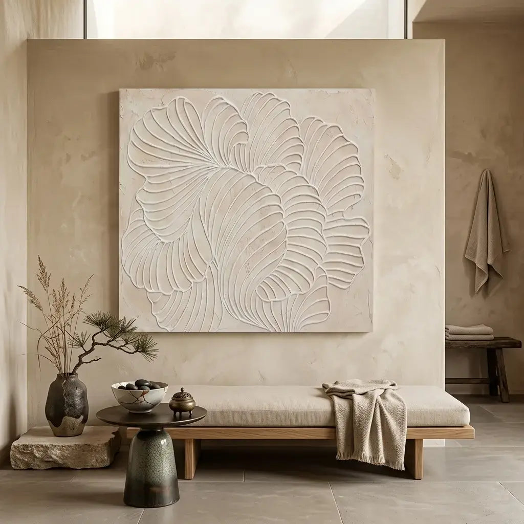 Modern interior with a textured wall panel, bench, and decorative items.