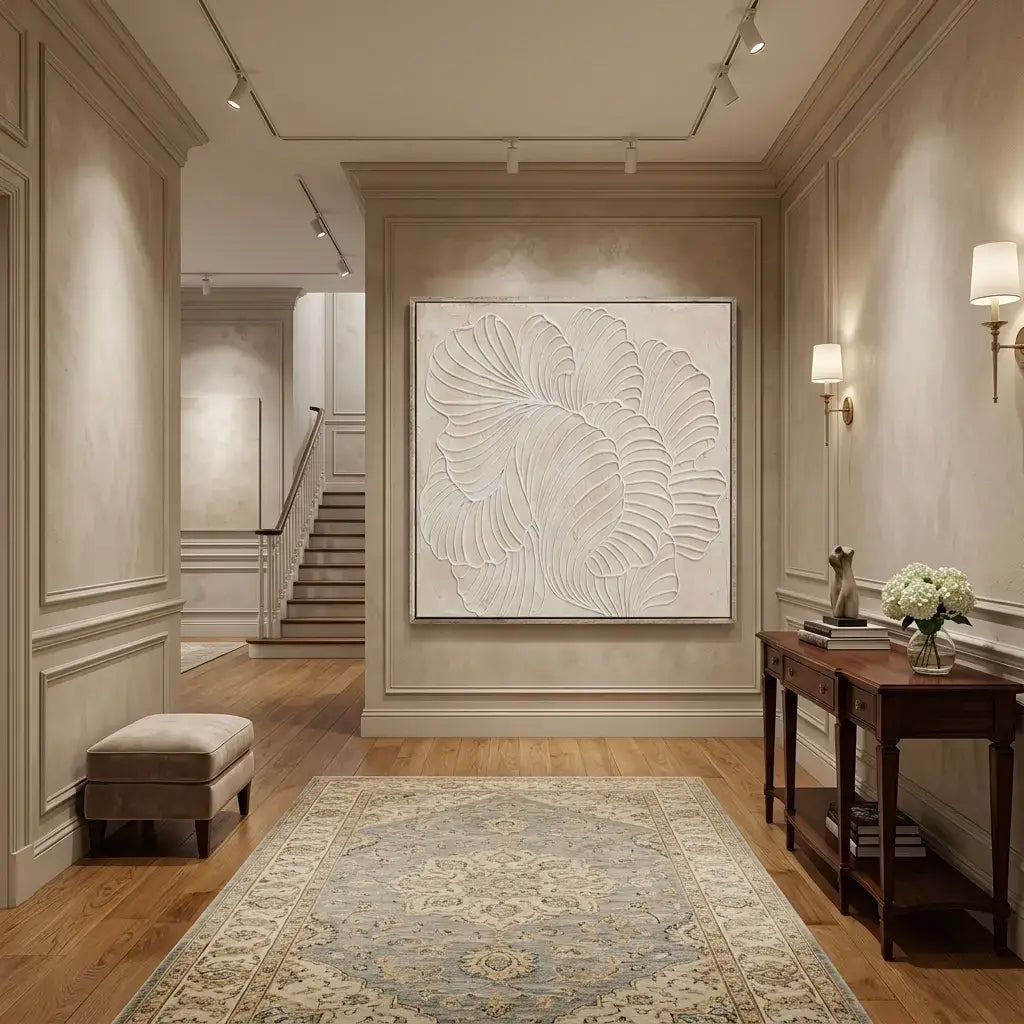 Elegant hallway with a large textured wall art piece, wooden console table, and staircase.