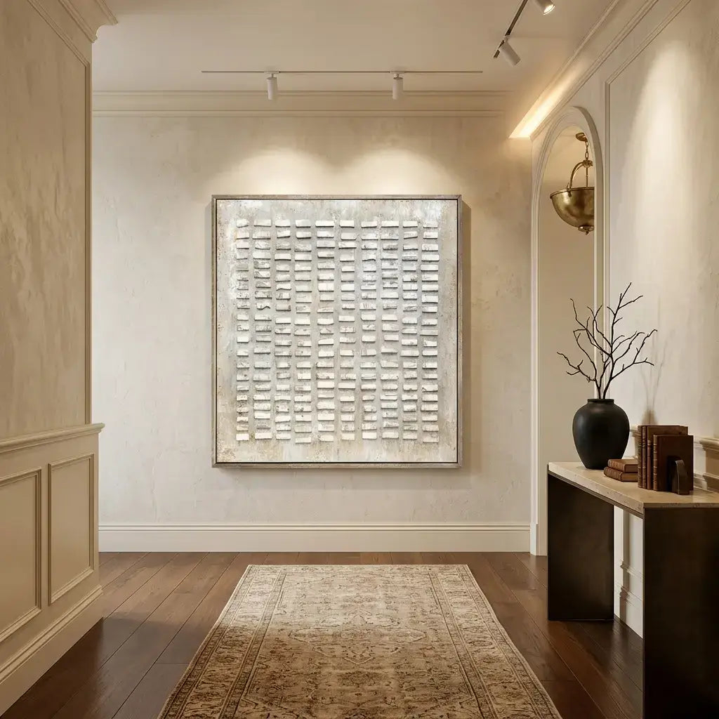 Modern interior with a large abstract painting on a wall, a rug on the floor, and decorative elements.
