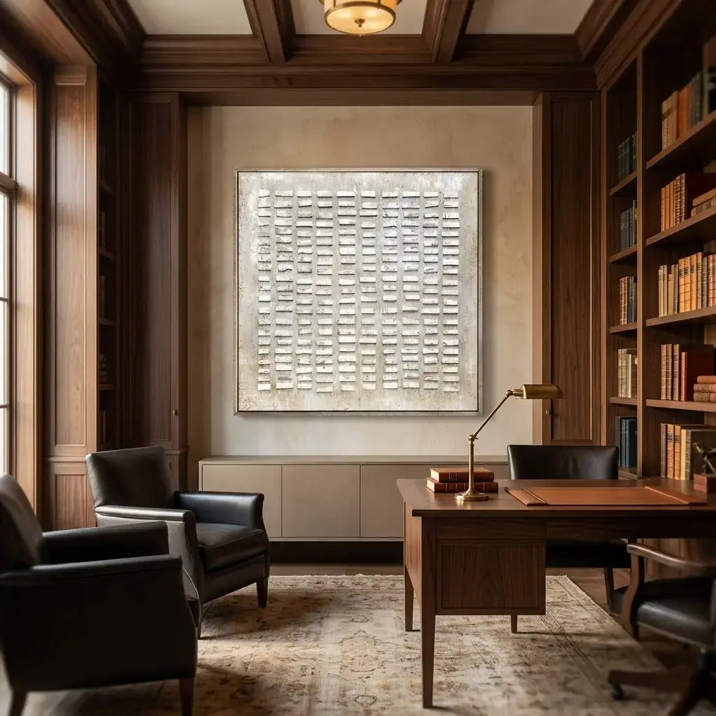 Luxurious office with wooden desk, leather chairs, and large abstract painting on the wall.