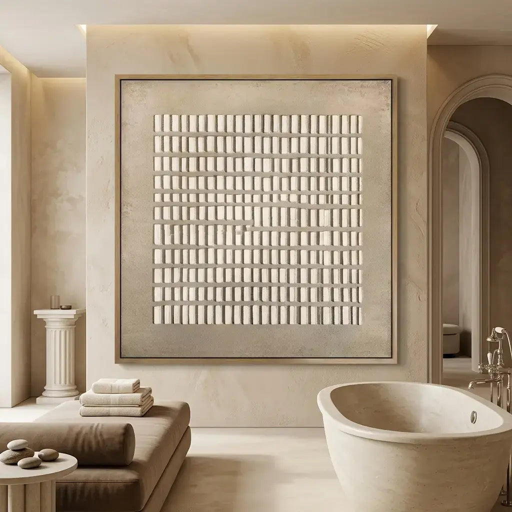 Modern bathroom with a freestanding bathtub, sofa, and decorative wall art.