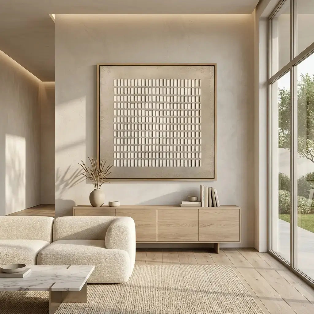 Modern living room with neutral tones, a large framed artwork, and a sectional sofa.
