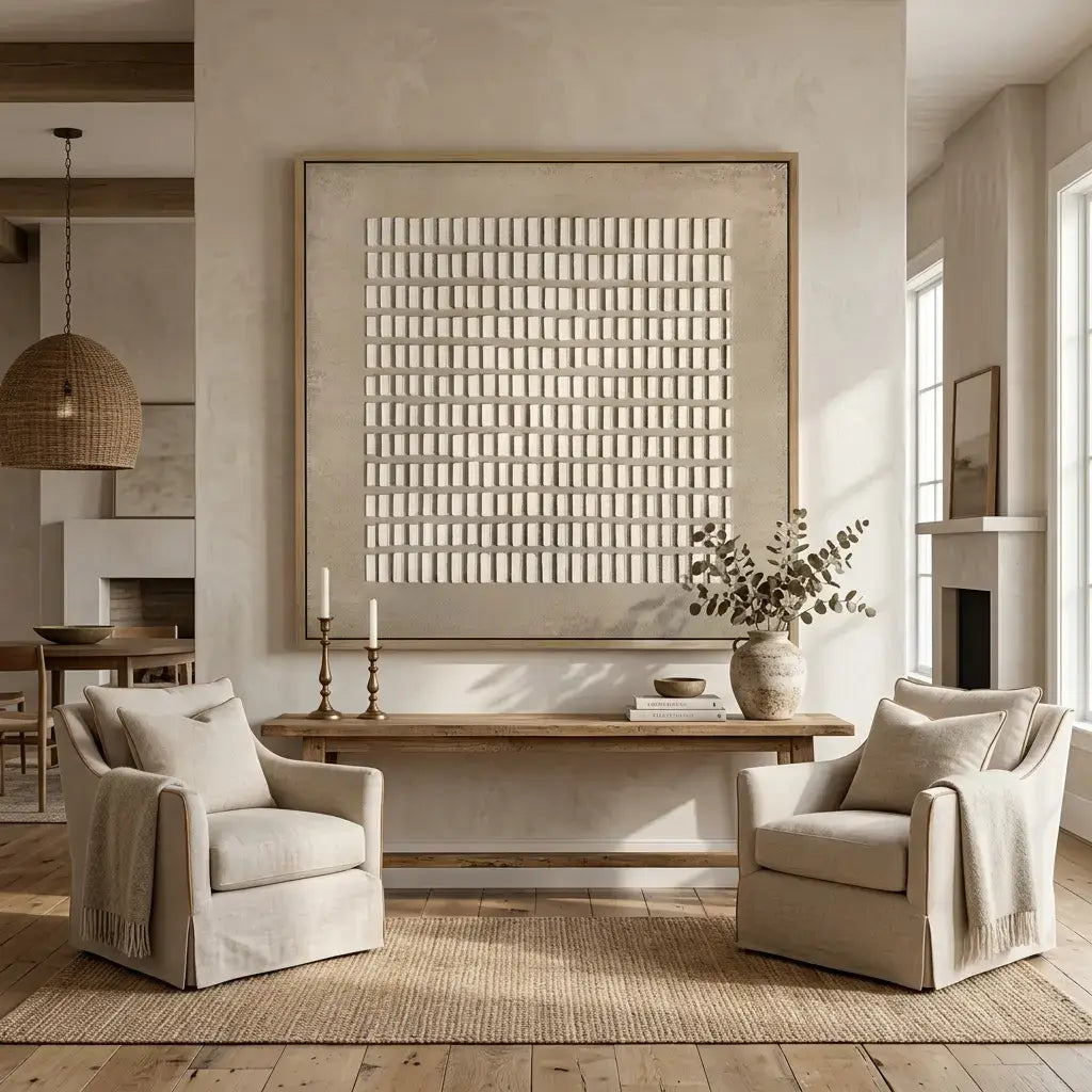 Modern living room with neutral tones, furniture, and decor.