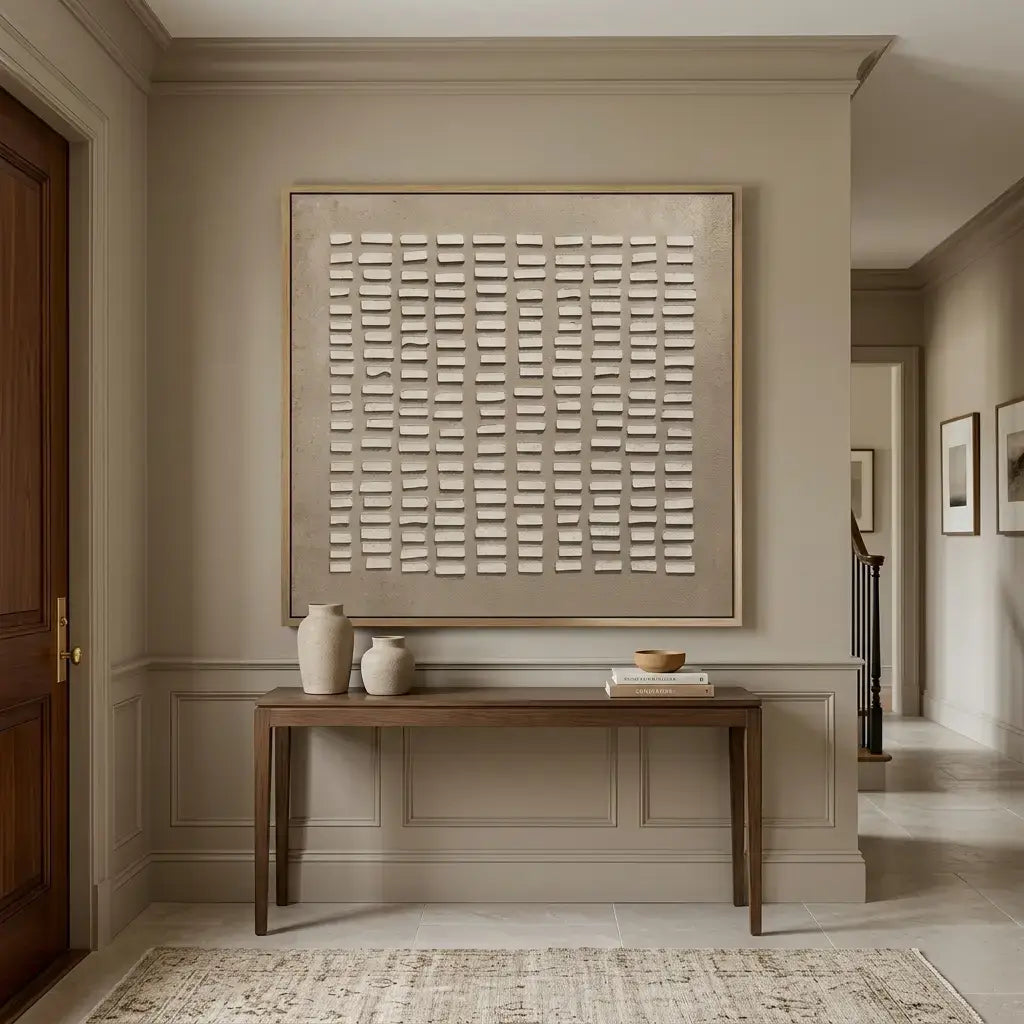 Foyer with a large framed artwork, wooden console table, and decorative items.