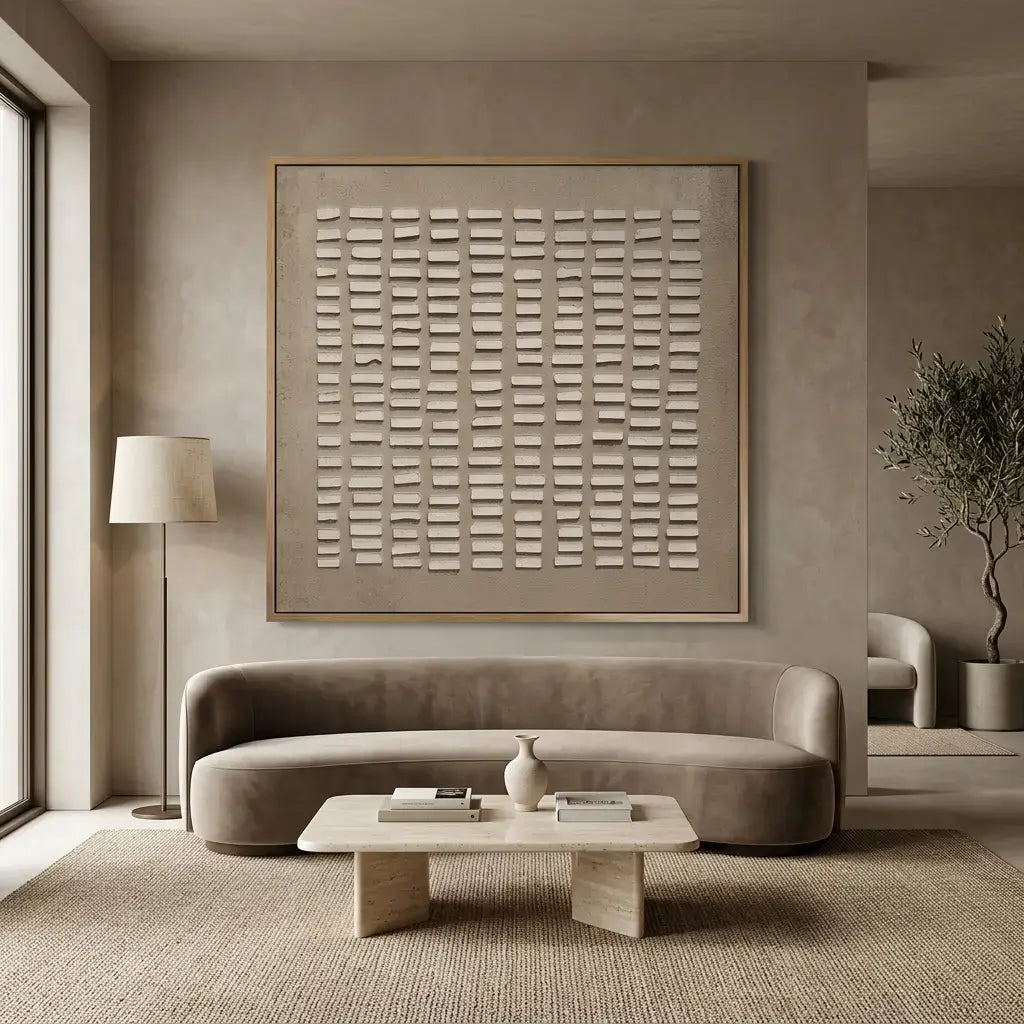 Modern living room with a beige sofa, coffee table, and abstract wall art.