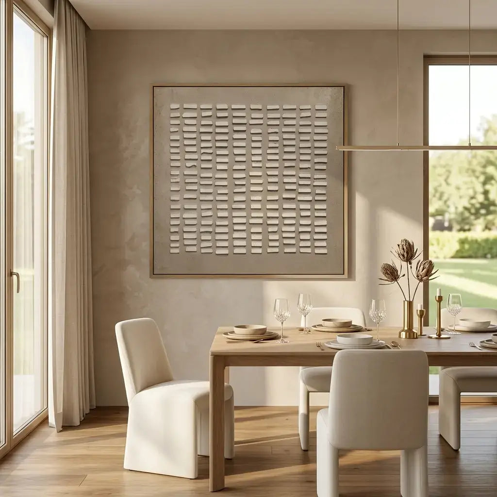 Modern dining room with wooden table and chairs, large framed artwork on the wall.