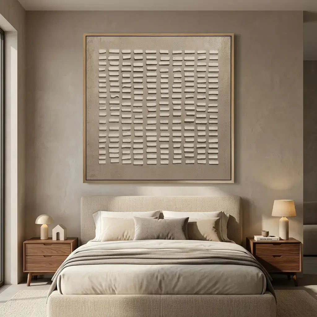 Modern bedroom with a bed, nightstands, and wall art.