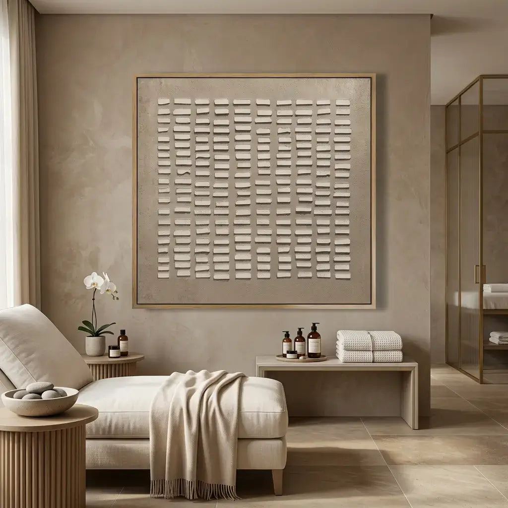 Modern interior with a beige armchair, decorative items, and a large abstract painting on a wall.