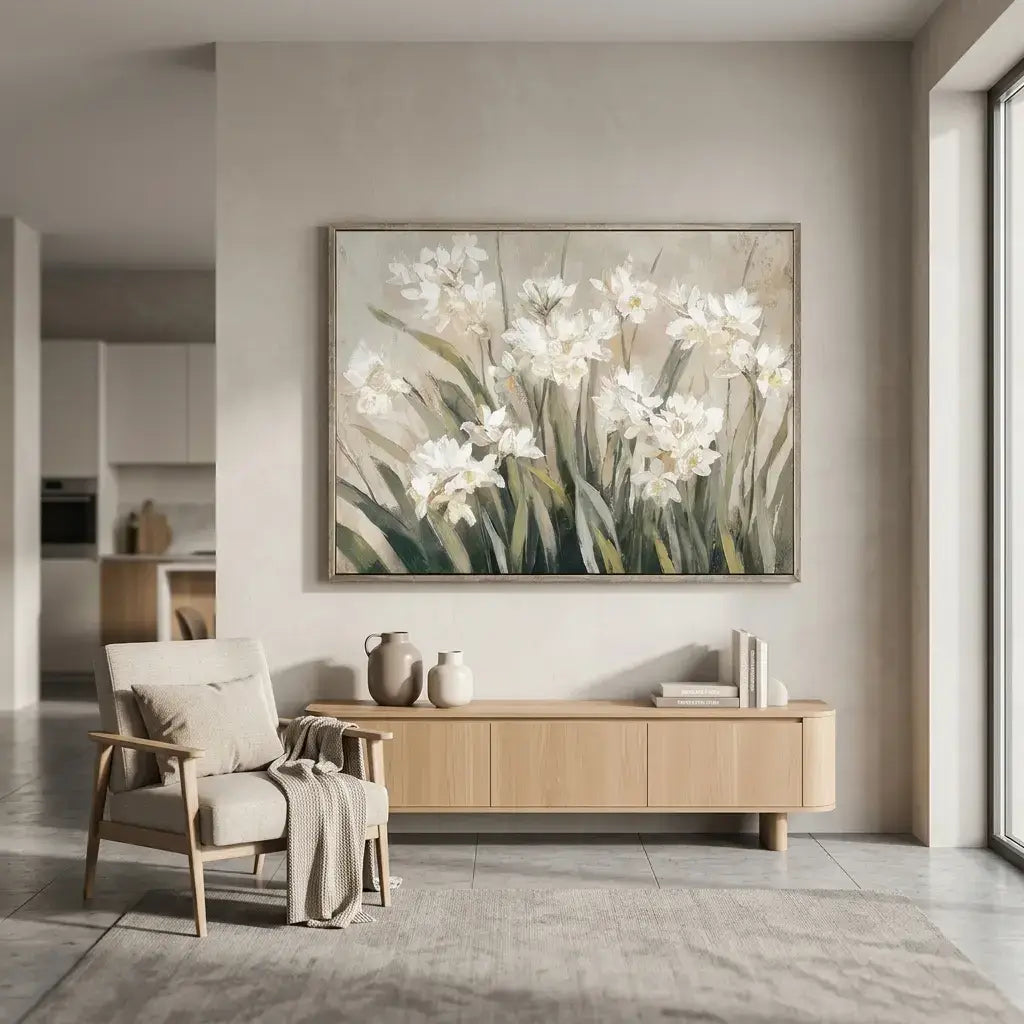 Modern living room with a floral painting on the wall, a wooden sideboard, and a chair.