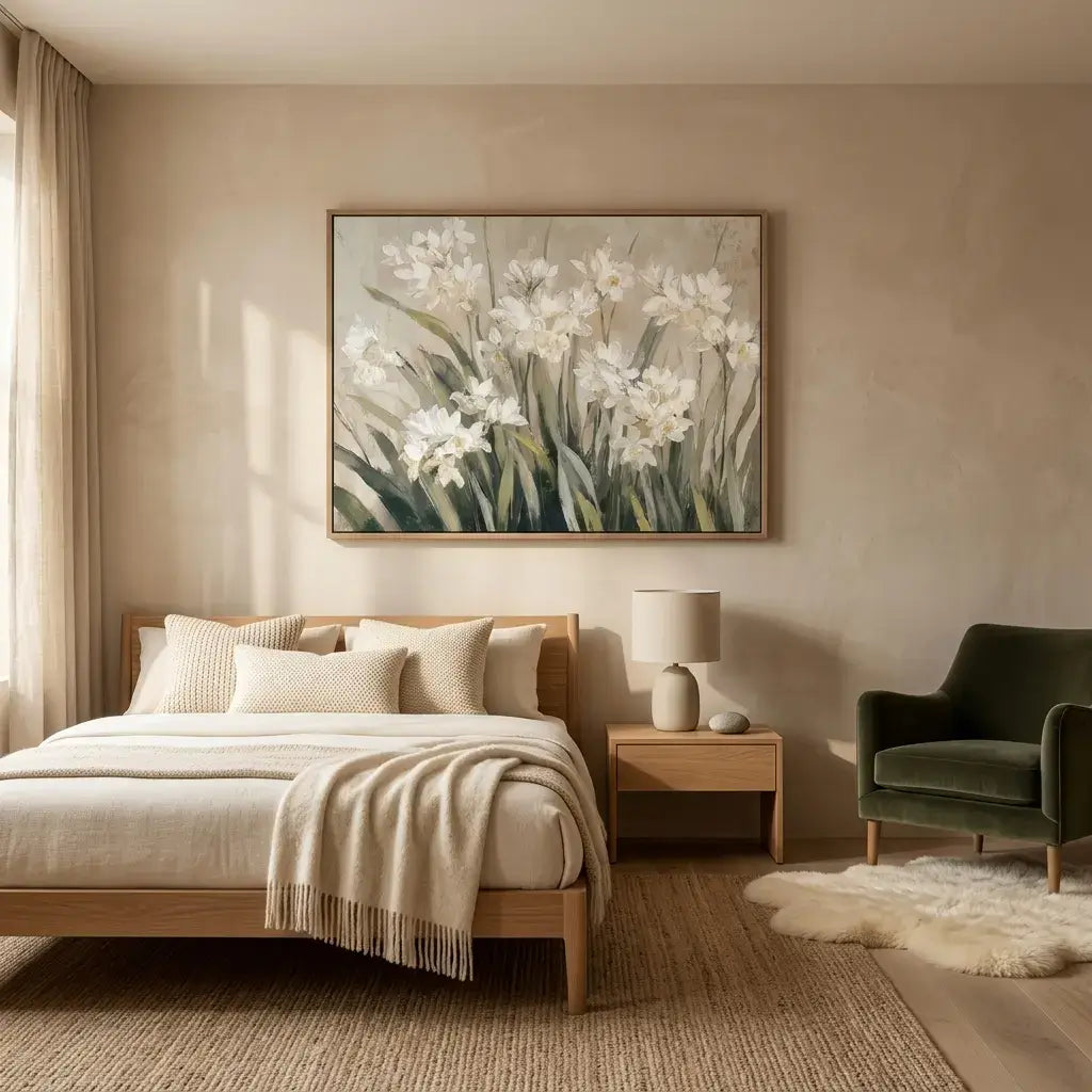 Modern bedroom with a bed, side table, lamp, and wall art.