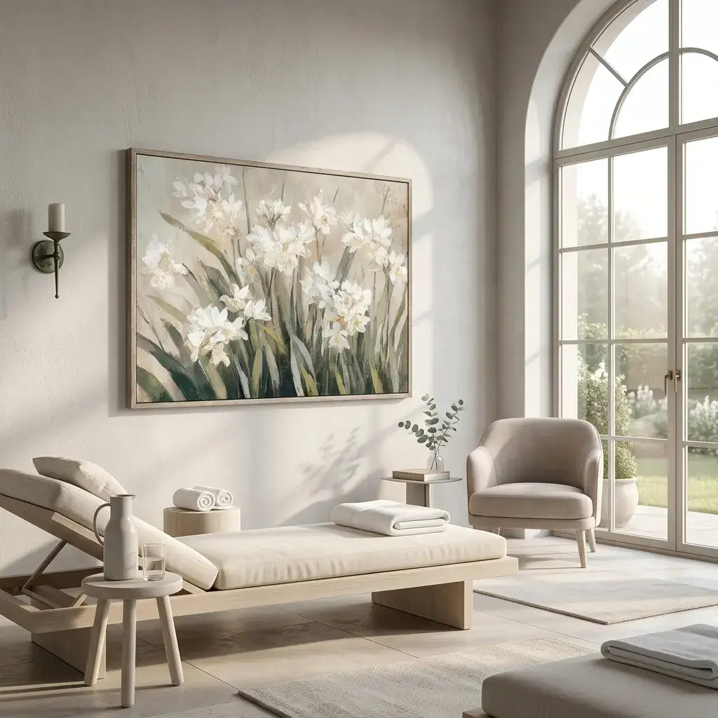 Modern living room with neutral tones, a large floral painting, and a large window.