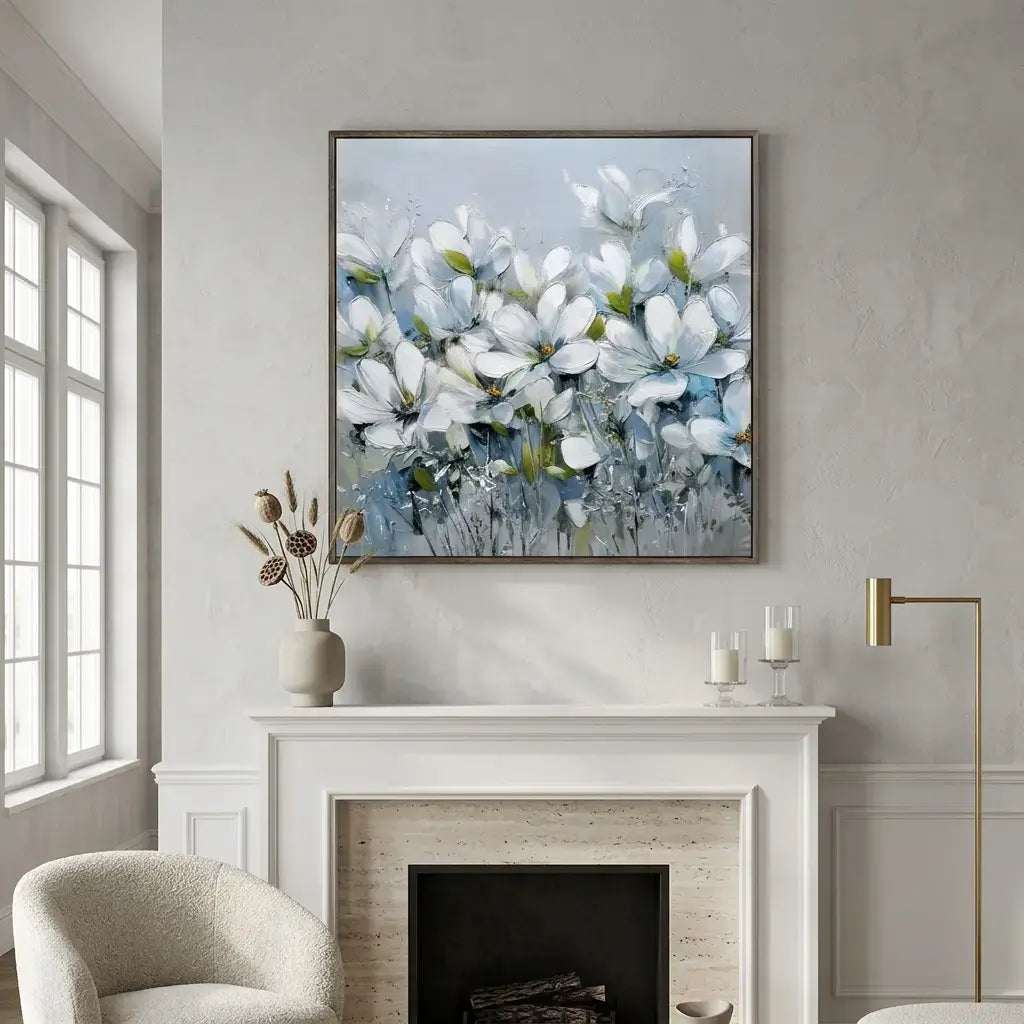 Framed floral painting above a fireplace in a living room.