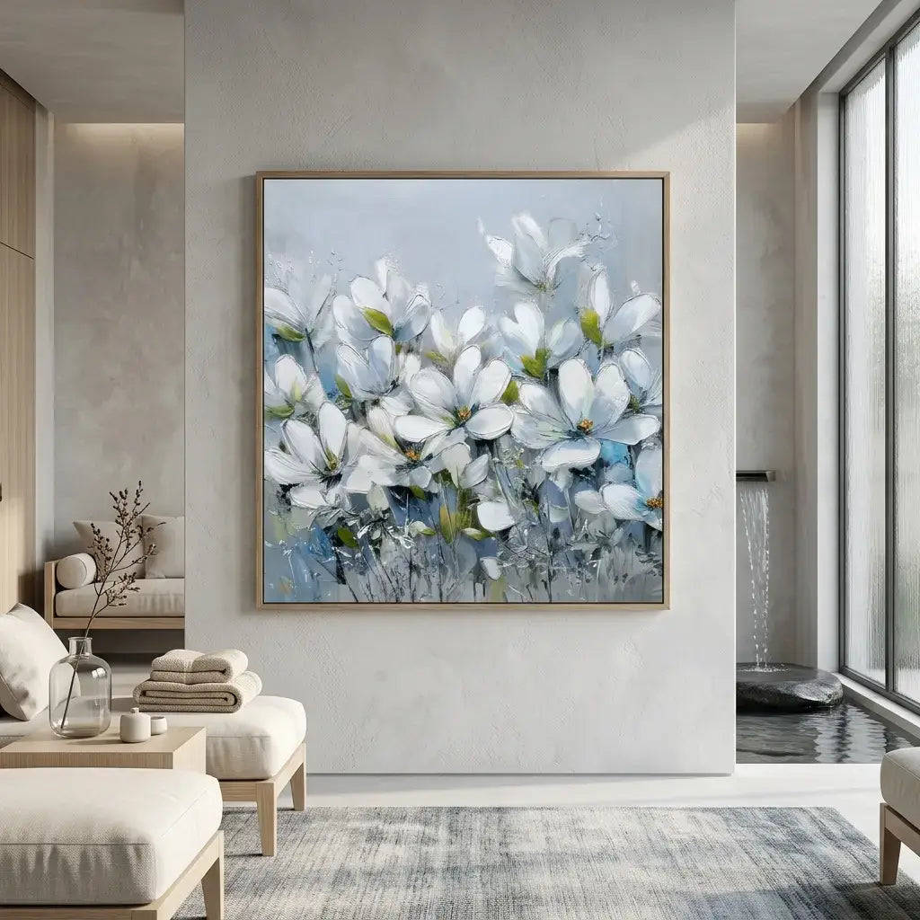 Framed floral painting on a wall in a modern living room
