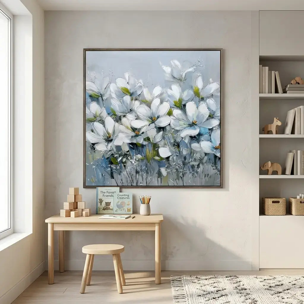Room interior with a desk, stool, and wall art of white flowers.