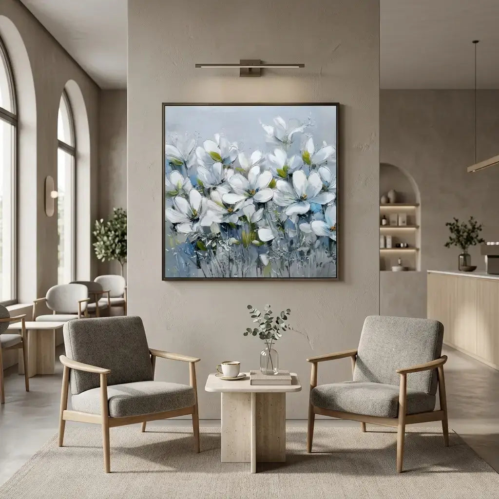 Modern living room with two gray armchairs, a small table, and a floral painting on the wall.