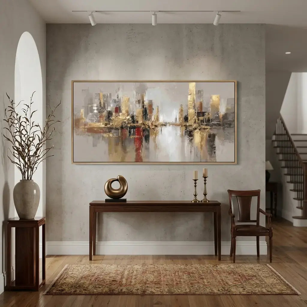Modern interior design with abstract painting, console table, and chair.