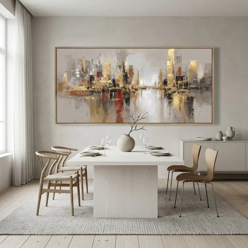 Dining room with a large abstract cityscape painting on the wall.