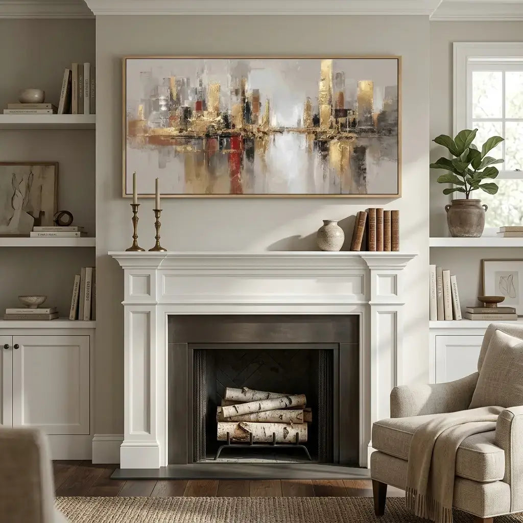 Living room with a fireplace, mantel, and decorative items.