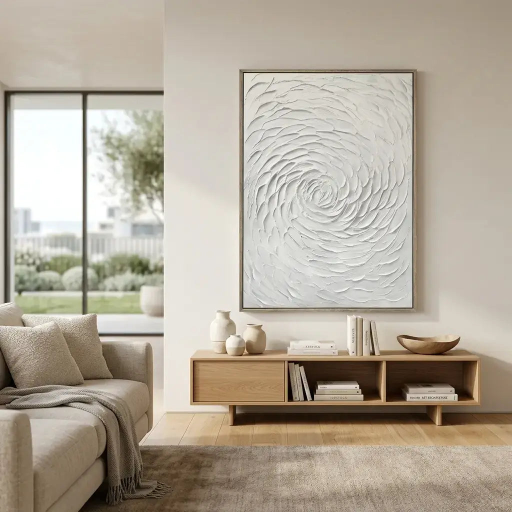 Modern living room with a sofa, coffee table, and decorative wall art.