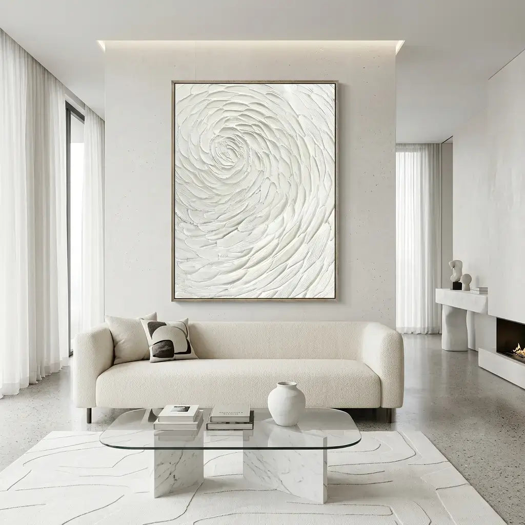Modern living room with a white sofa, glass coffee table, and abstract wall art.