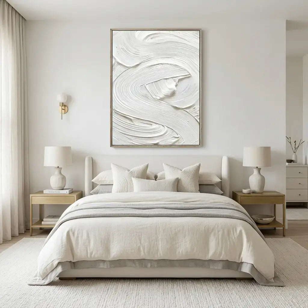 Modern bedroom with a bed, nightstands, and abstract wall art.