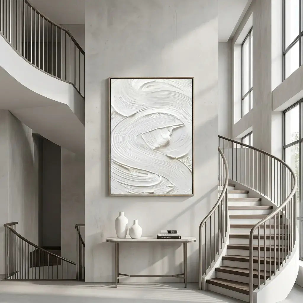Modern interior with a staircase and abstract artwork on the wall
