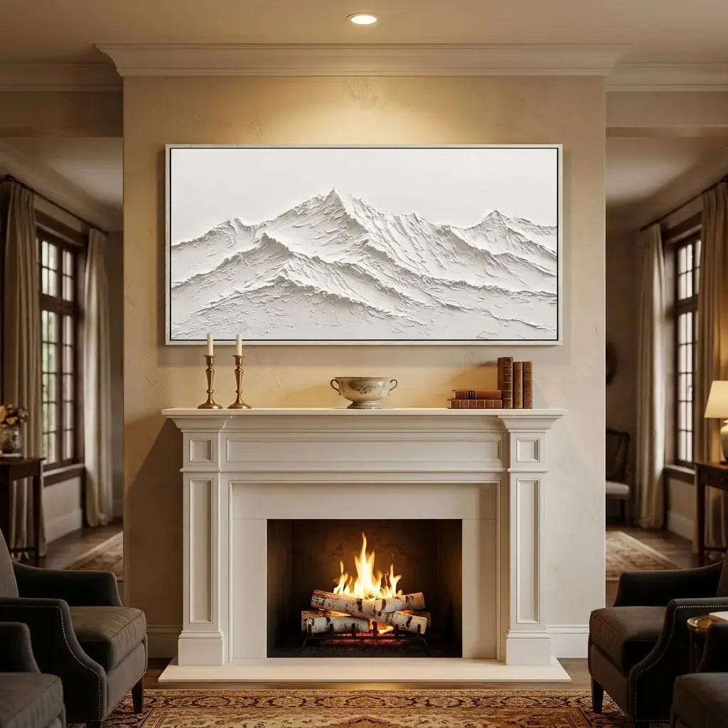 Living room with a fireplace and mountain painting above it