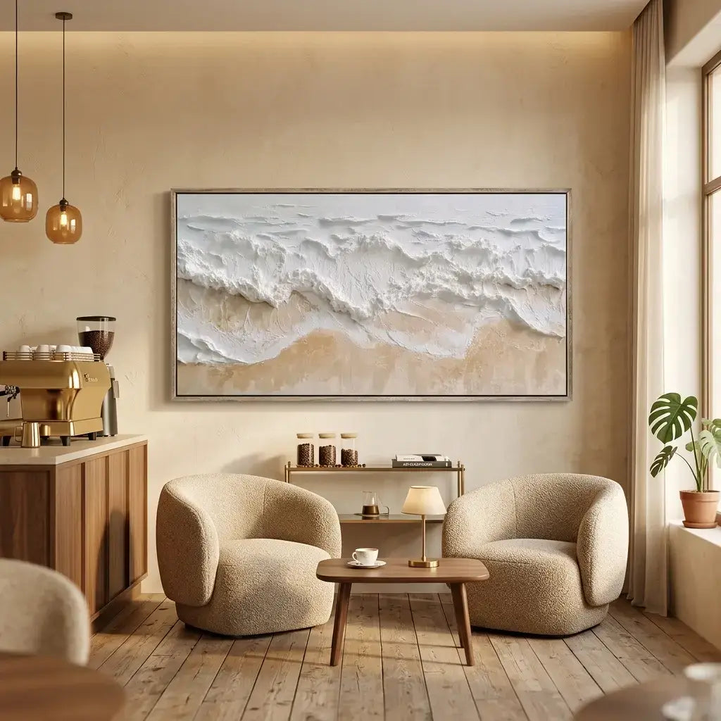 Modern living room with beige walls, two armchairs, a coffee table, and a large abstract painting of waves.