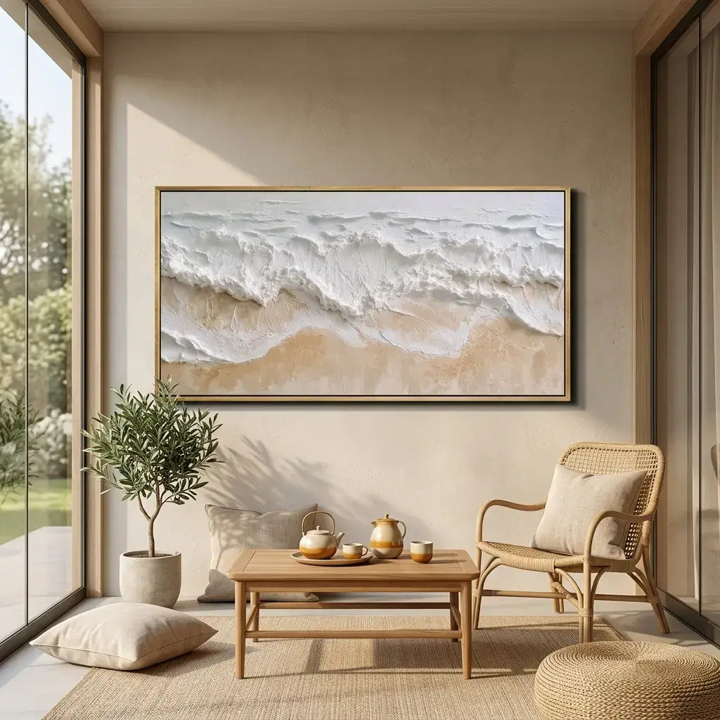 Modern living room with a large abstract painting, wooden coffee table, and wicker chair.