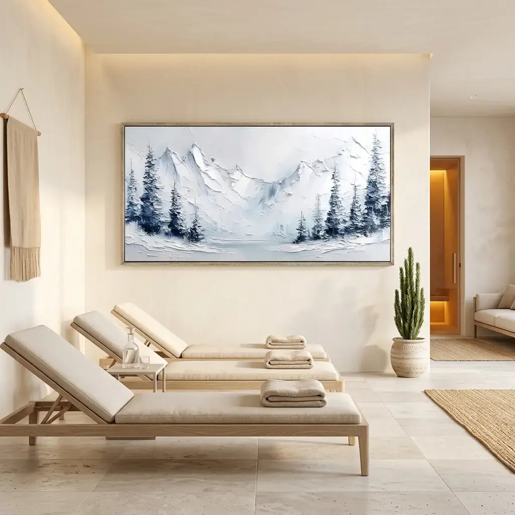 Modern interior with lounge chairs, a cactus plant, and a mountain painting on the wall.