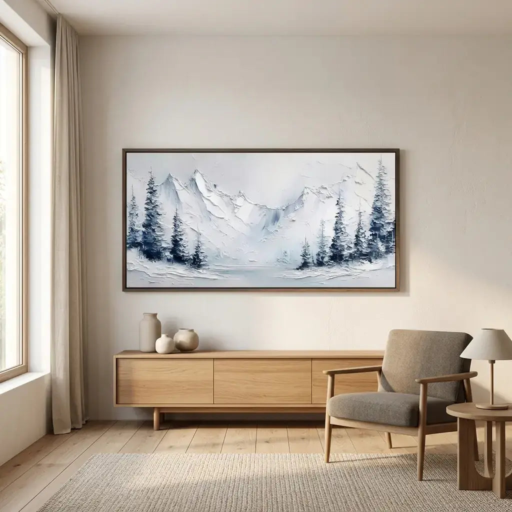 Modern living room with a mountain landscape painting on the wall, wooden cabinet, and armchair.