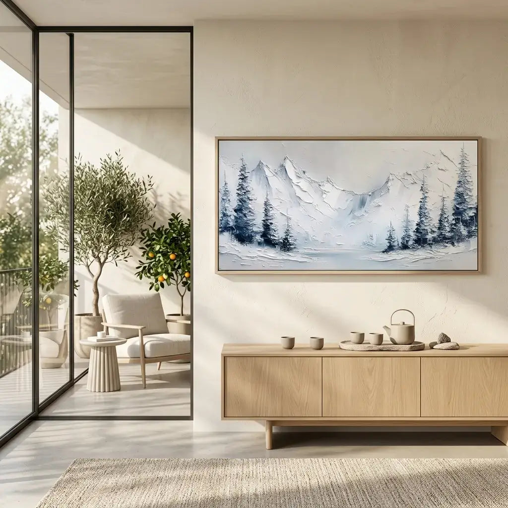 Modern living room with a mountain landscape painting on the wall, wooden sideboard, and glass door.