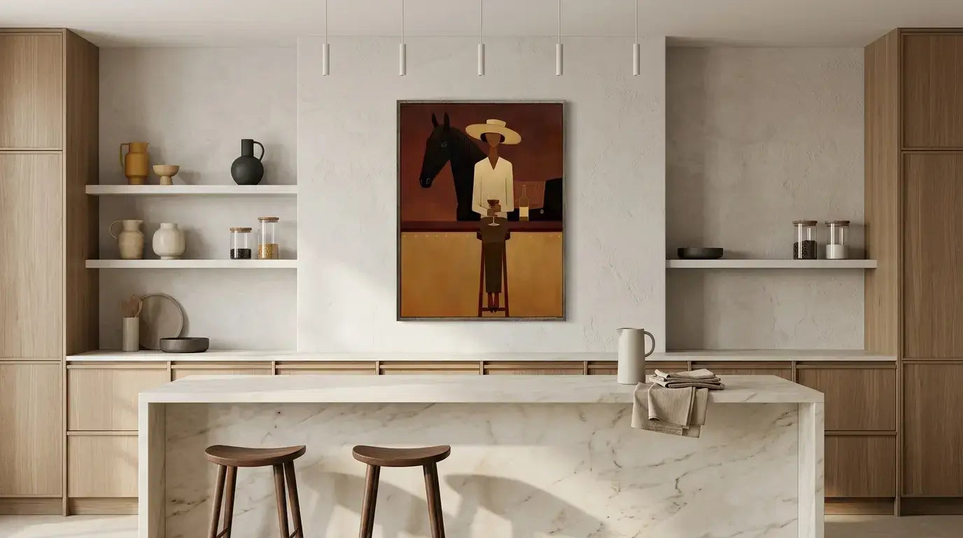 Modern kitchen with marble island, wooden cabinets, and a painting of a person with a horse.